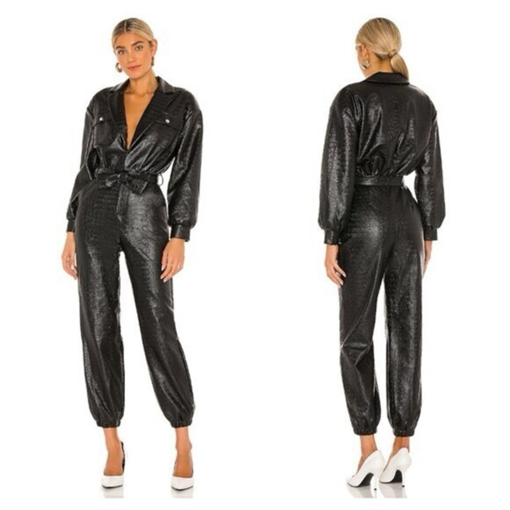 Lovers +‎ Friends Black Faux Croc Belted Jumpsuit M